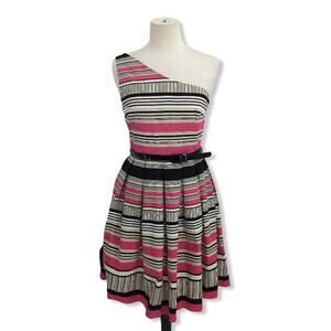 London Times One Shoulder Belted Pink Stripe Dress